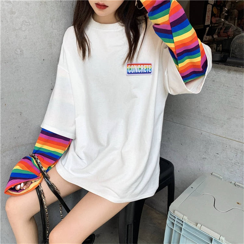 Hirsionsan Regenbogen Kawaii T Shirt Frauen 2020 Neue Frühling Langarm Harajuku Tees Casual Student Tops Streifen Übergroße Kleidung