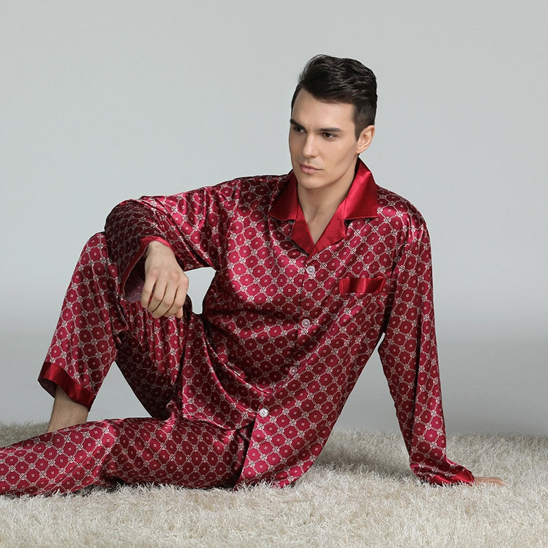 Spring Mens Stain Silk Pyjama Set Pyjamas Herren Nachtwäsche Modern Style Silk Nightgown Home Male Satin Soft Cozy For Sleeping