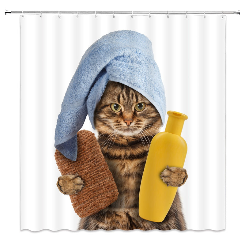 Funny Animal Shower Curtains Decoration Cute Pet Cat Home Bathroom Decor Polyester Bath Cloth Hanging Curtain Set With Hooks