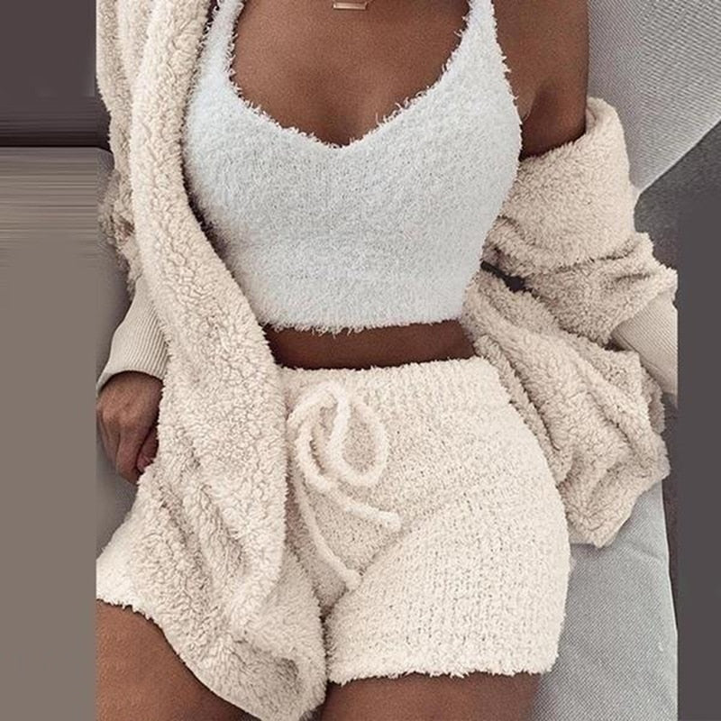 Three Piece Sexy Fluffy Sets Velvet Plush Hooded Cardigan Coat+Shorts+Crop Top Women Tracksuit Casual Sports Overalls Sweatshirt