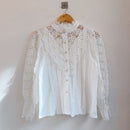 Korean Chic Lace Blouse Women White Patchwork Shirt Button Hollow Out Tops Flower Stand Collar Blusas Petal Sleeve Blouses 12419