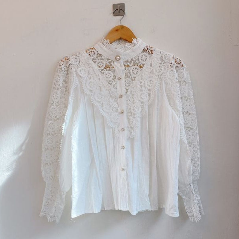 Korean Chic Lace Blouse Women White Patchwork Shirt Button Hollow Out Tops Flower Stand Collar Blusas Petal Sleeve Blouses 12419