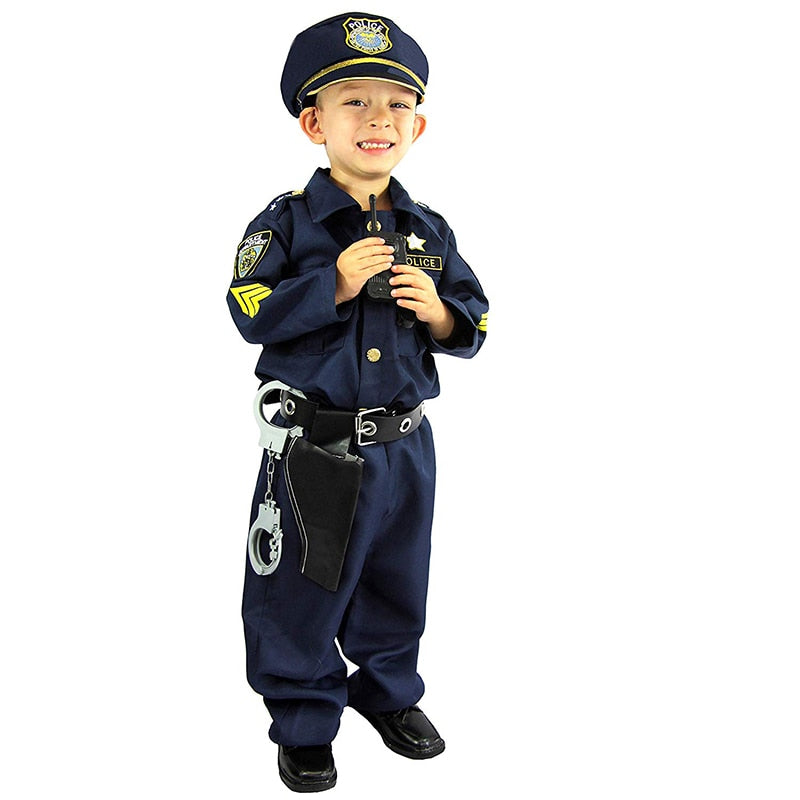 Deluxe Police Officer Costume and Role Play Kit Boys Halloween Carnival Party Performance Fancy Dress Uniform Outfit