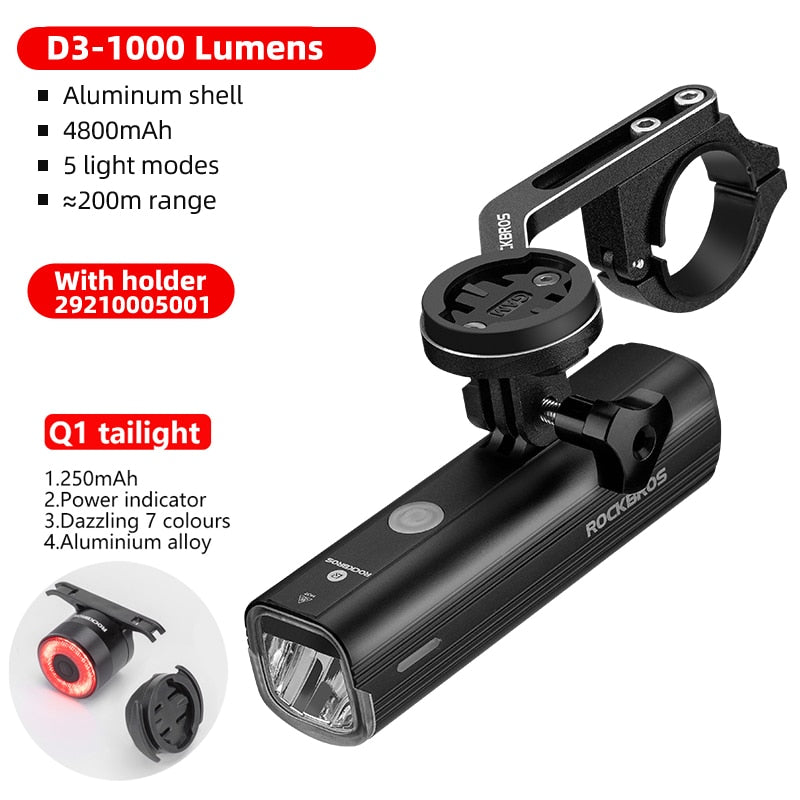 ROCKBROS 400-1000LM Bike Light Bicycle Headlight With Mount Holder IPX3 USB Rechargeable Bike Flashlight Combo Out Front Holder