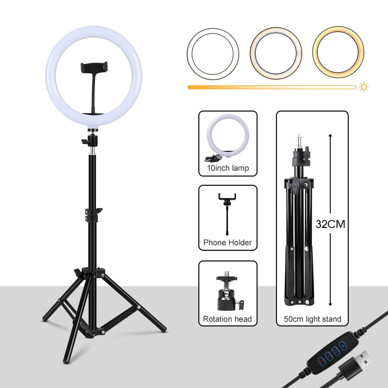 Dimmable Ring Light Selfie LED Round Lamps USB With Phone Holder 1.6M Tripod Stand For Tiktok Video Light Makeup Photography Set