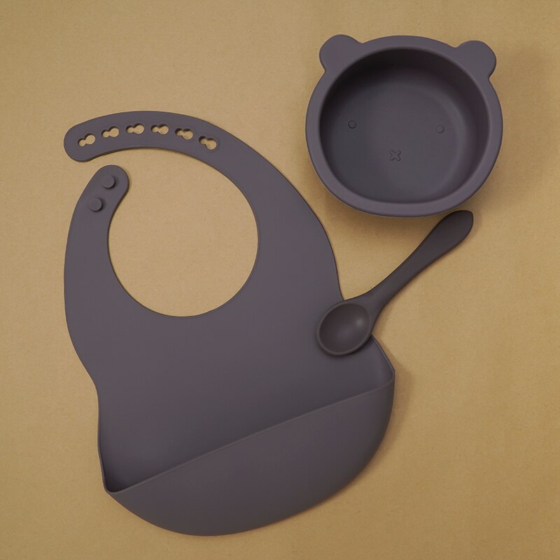 BPA Free Baby Silicone Tableware Waterproof Bib Flexible Saliva Towel Solid Color Sucker Bowl And Spoon For Children