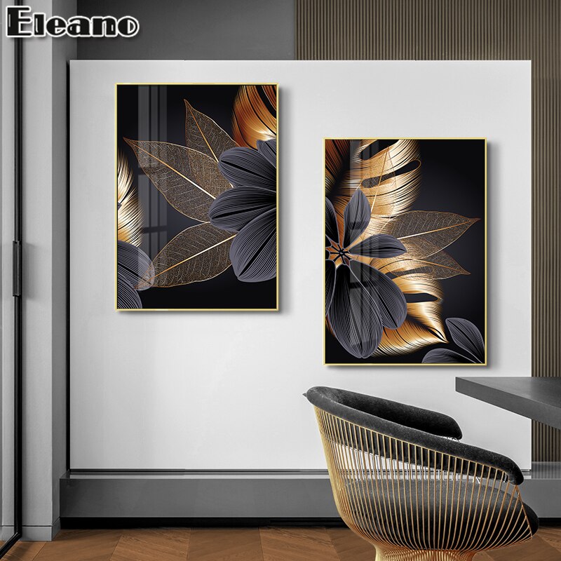 Black and Gold Luxurious Canvas Hojas Abstract Plant Flower Poster HD Line Drawing Aesthetic Room Decor Pop Modern Art Painting