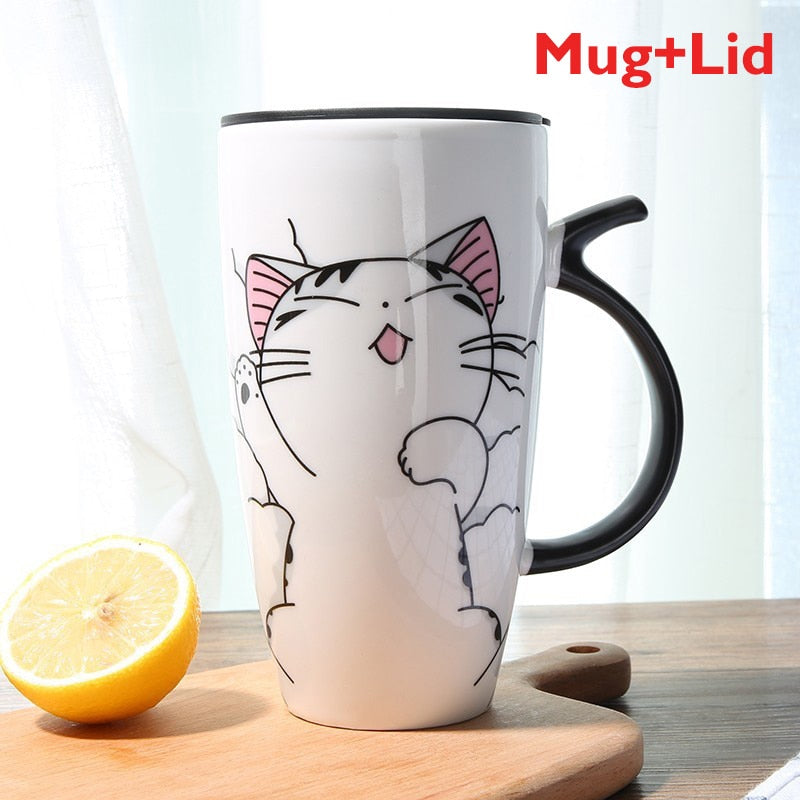 600ml Cute Cat Ceramics Coffee Mug With Lid Large Capacity Animal Mugs creative Drinkware Coffee Tea Cups Novelty Gifts milk cup