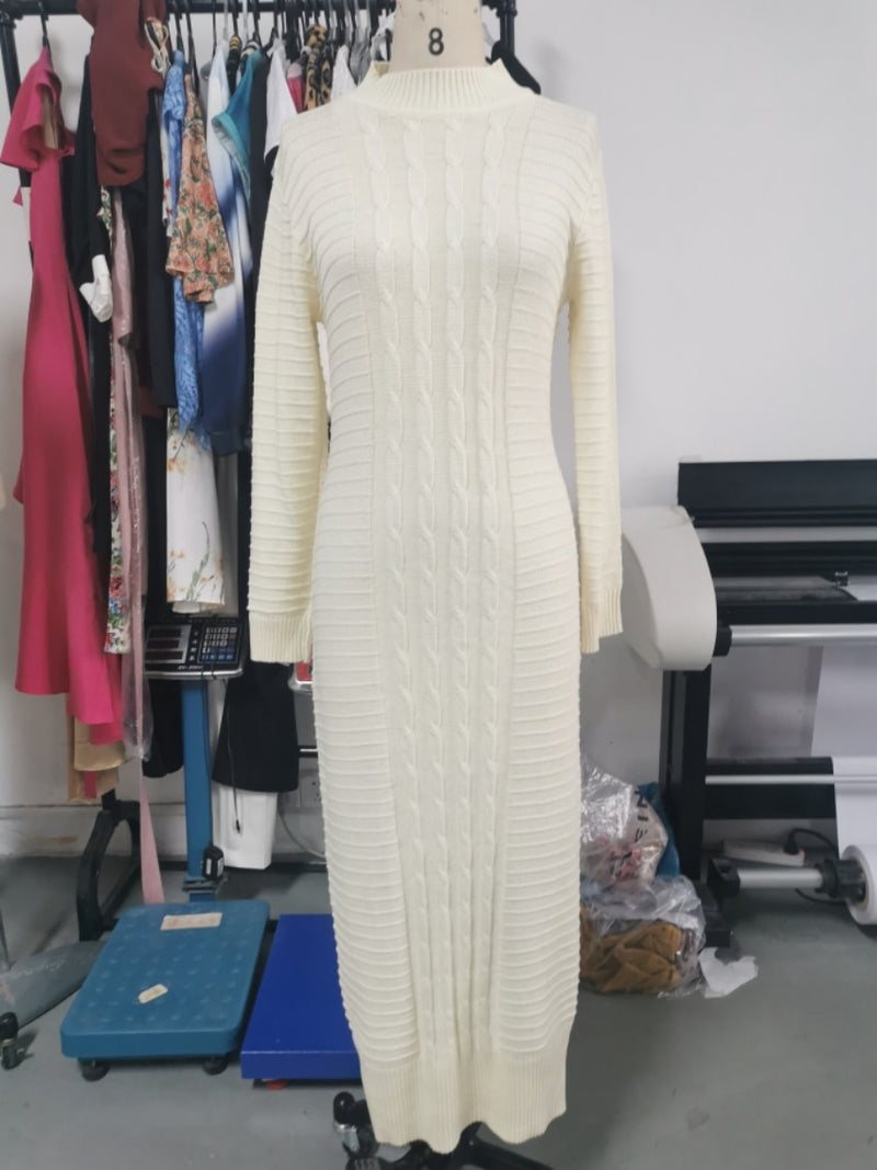 Invierno grueso suéter de cuello alto Maxi vestido de mujer con cordones de punto vestido largo de punto femenino Vestidos suaves 2021 de alta calidad
