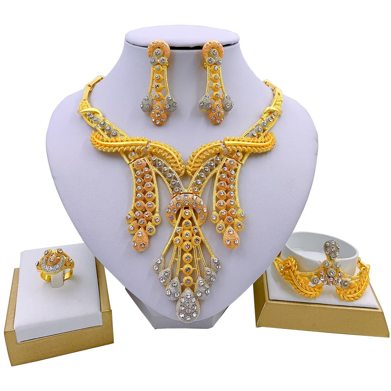 Liffly Luxury Bridal Dubai Jewelry Sets Fashion BraceletRing Wedding Jewelry Sets for Women Necklace And Earrings