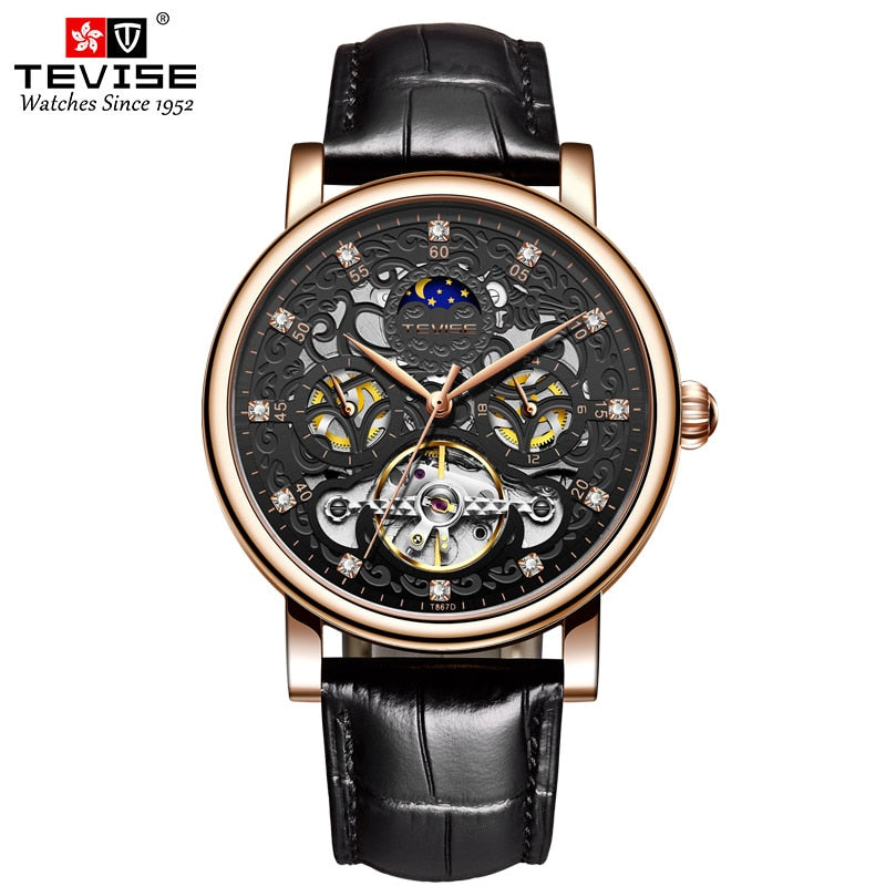 TEVISE Brand Classic Retro Men Watches Automatic Mechanical Watch Men Tourbillon Clock Genuine Leather Waterproof Business Watch