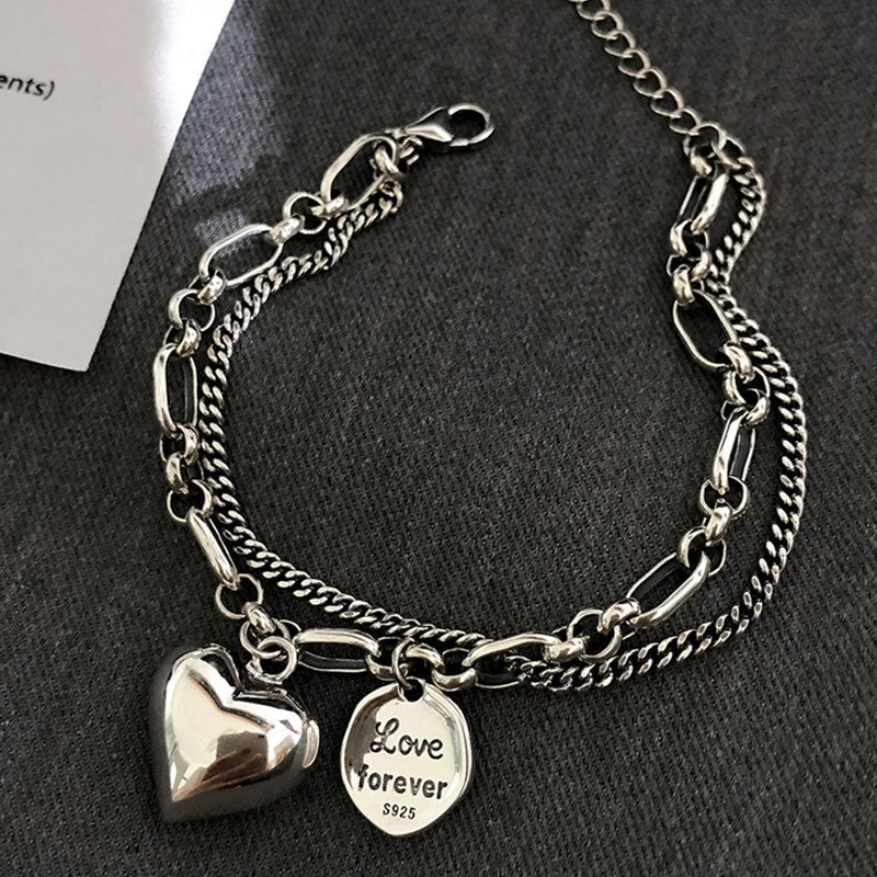 XIYANIKESilver Color Love Letter Heart Double Layer Bracelet Female Unique Design Thai Silver Retro Light Luxury Jewelry