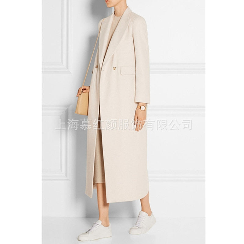 Abrigo de invierno de lana para mujer, novedad de 2022, chaqueta elegante Vintage de Cachemira con doble botonadura, prendas de vestir exteriores de moda, abrigo blanco x-largo para mujer