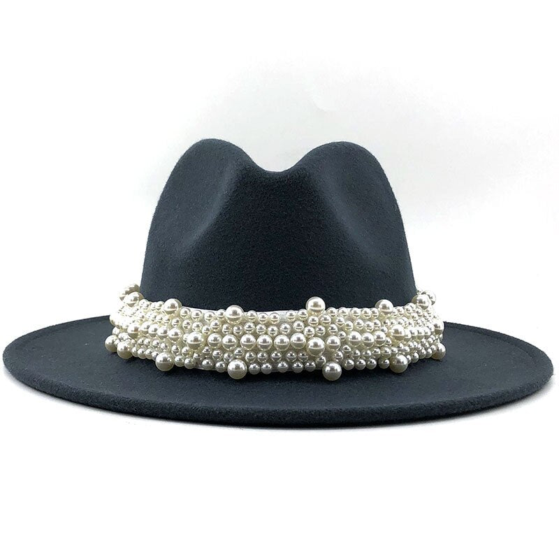 Sombreros de fieltro de lana Jazz para hombre y mujer, sombrero de fieltro con cinta de perlas de cuero, blanco, rosa, amarillo, sombrero de fiesta Formal Trilby de Panamá, 58-61CM