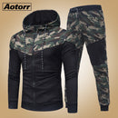 Men Causal Camouflage Patchwork Sets Camo Zipper Jacket+Pants 2PC Tracksuit Sportwear Hoodies Sweatshirt Pant Suit Plus Size
