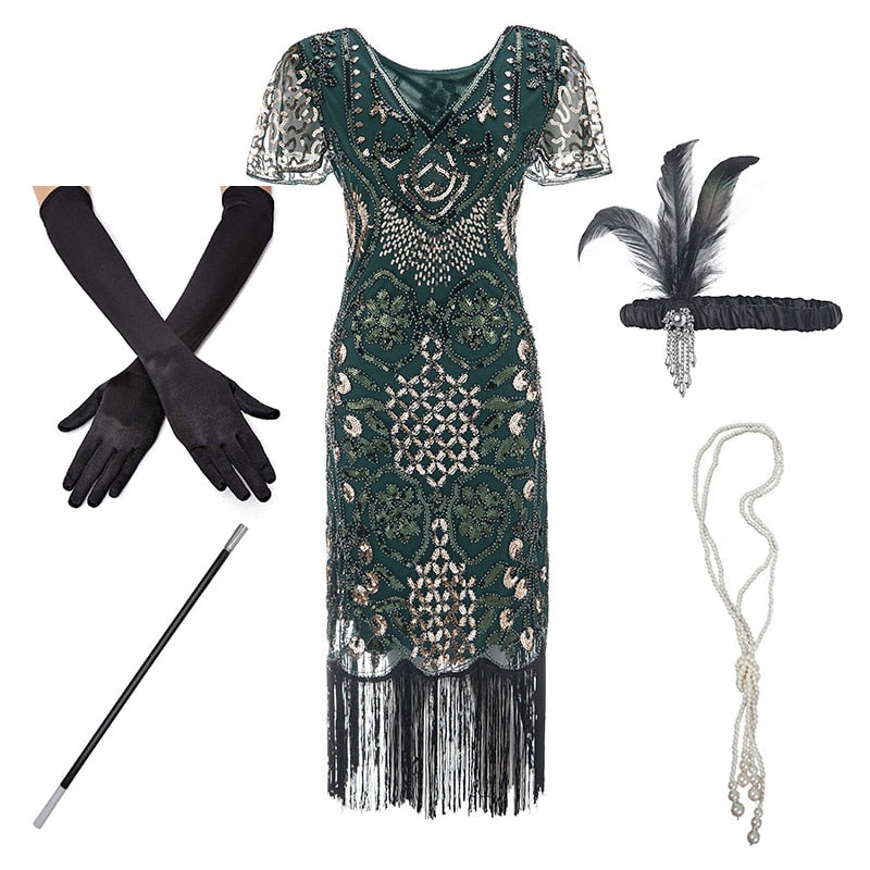 1920s Flapper Roaring Plus  Size 20s Great Gatsby Fringed Sequin Beaded Dress and Embellished Art Deco Dress Accessories XXXL