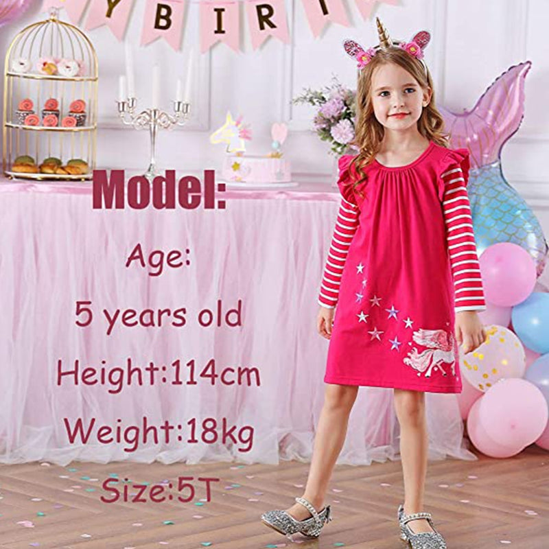 VIKITA Mädchen Gestreiftes Kleid Kinder Einhorn Kleider für Mädchen Kleidung Kleinkinder Lässiges Baumwollkleid Kinder Herbst Langarm Vestidos