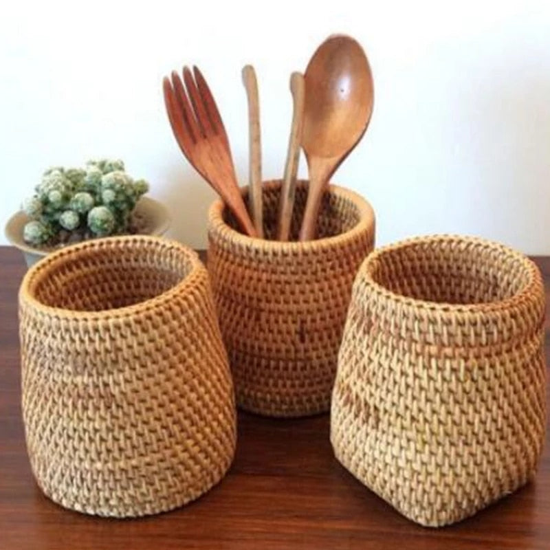 Handmade Rattan Chopsticks Spoon Table Knife Fork Tableware Storage Box Household Storage Basket Storage Rack Kitchen Tools