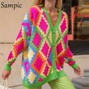 Sampic Lose Patchwork Strickwaren Winter 2021 Frauen Strickjacken Tops Übergroße Langarm Y2K V-Ausschnitt Pullover Lässige Mode Tops