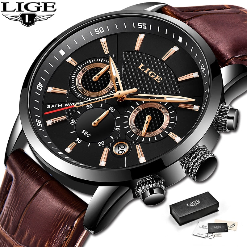 2022 New Mens Watches LIGE Top Brand Leather Chronograph Waterproof Sport Automatic Date Quartz Watch For Men Relogio Masculino