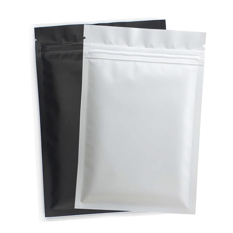 50 Uds. Bolsa de embalaje Ziplock de boca plana de plástico termosellable en blanco y negro mate bolsas Ziplock Mylar de papel de aluminio a prueba de olores