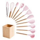 Silicone Cooking Utensils Set Non-stick Spatula Soup Spoon Wooden Handle with Storage Box Kitchen Tools Set Gifts for Mother