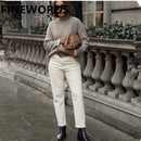 FINEWORDS Autumn Korean Apricot Harem Boyfriend Jeans Women Beige Jeans Vintage Casual Wide Leg Boot Cut Denim Pants