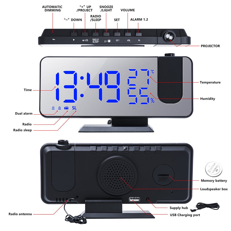 Despertador Digital LED de 3 colores, proyección de Radio con reloj de espejo de temperatura y humedad, pantalla de tiempo de cabecera multifuncional