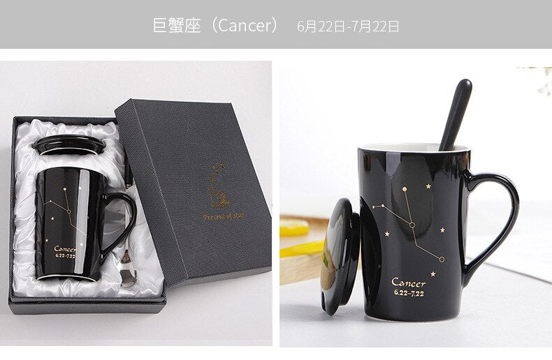 With Gift Box 12 Constellations Creative Ceramic Mugs with Spoon Lid Black and Gold Porcelain Zodiac Milk Coffee Cup 400ML Water