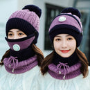 3 unids/set sombreros de invierno para mujeres con máscara de respiración 2 en 1 sombrero de punto niña pompones sombrero cálido añadir piel forrada sombrero de invierno protector