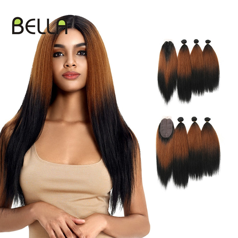 Mechones de pelo liso Yaki mechones Ombre pelo sintético 4 unids/pack 18-22 pulgadas 245g mechones con cierre BELLA extensiones de cabello tejido