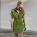 Women Elegant Short Sleeve Skinny Mini Dress Summer Turn-Down Collar Ruched Shirt Dress Green Blue Slim Party Dresses Vestido