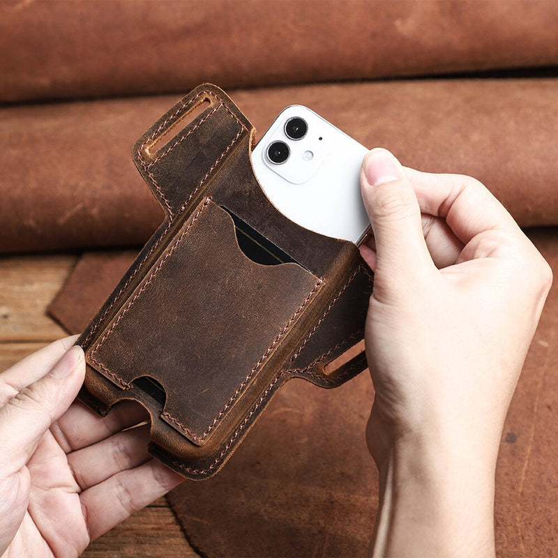 CONTACTS FAMILY 100% Cow Leather Phone Case for iPhone 14 Pro Max 13 12 11 Men Cellphone Loop Holster Case Belt Waist Phone Bag