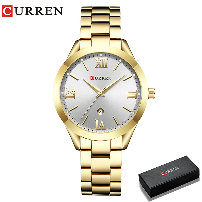 CURREN Marke Frauen Stahl Uhr Damen Luxus Kleid Mode Quarz Armbanduhr Klassische Kristall Gold Armband Frauen Uhr Uhr