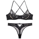 Sexy Bra and Panty Set Black See Through Underwire Push Up Bralette Thong Lingerie Hollow Out Seductive Lace Bras for Women