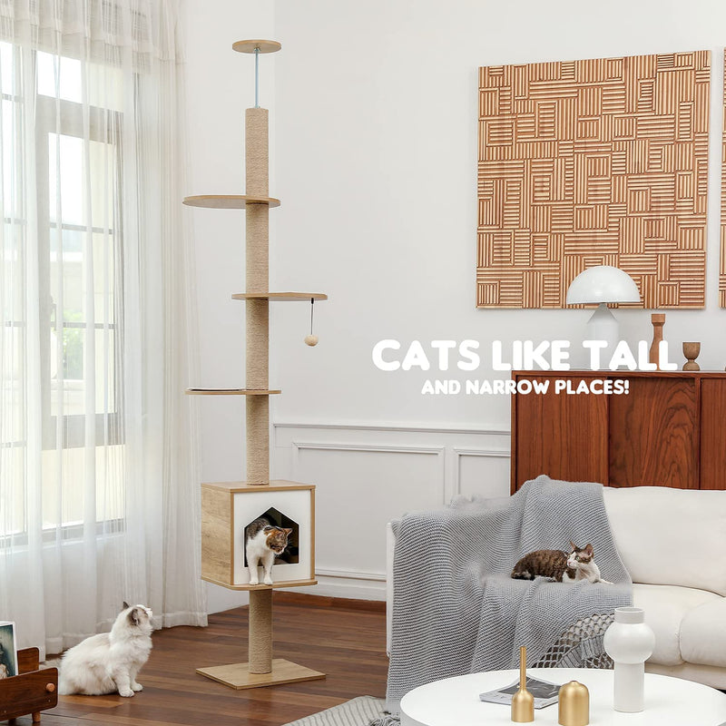 Four Tier Floor-to-Ceiling Cat Tree + Scratching Post Toy- 94.5-102.4 in Modern Cat Climbing Tower with a Scratcher Beige