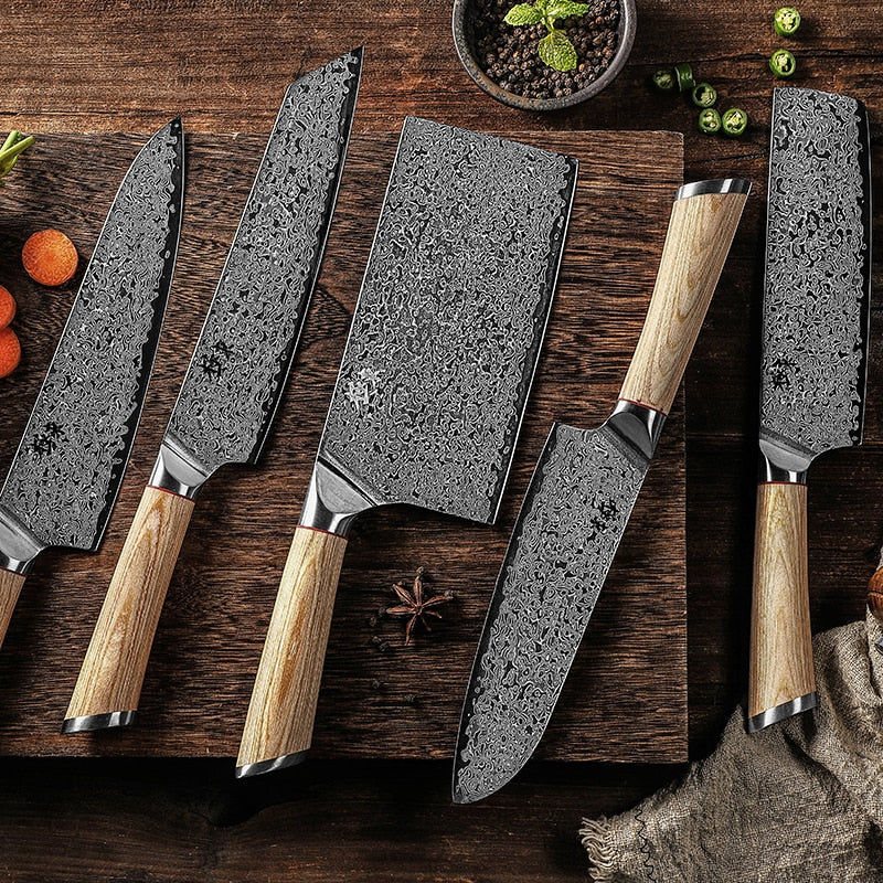 Acero de 67 capas V oro 10 Damasco cuchillo de cocina chef Gyuto Santoku Cleaver Paring Steak Slicing Utility Deshuesado Salmón