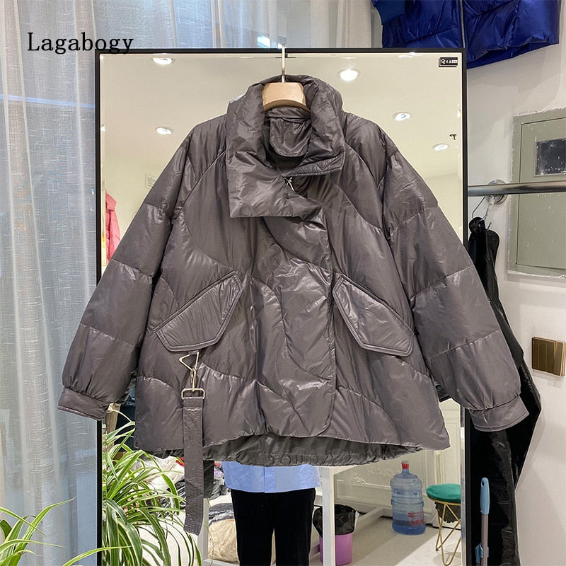 Lagabogy 2022 New Winter Women Short 90% White Duck Down Jacket Ultra Light Warm Parkas Female Zipper Loose Puffer Coat Outwear