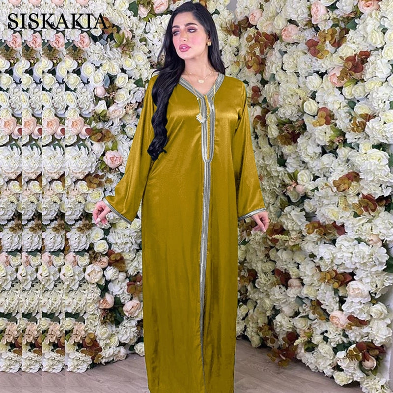 Siskakia Dubai Arabic Dress for Women Autumn 2020 Soft Satin Ribbon V Neck Long Sleeve Muslim Fashion Turkey Robes New