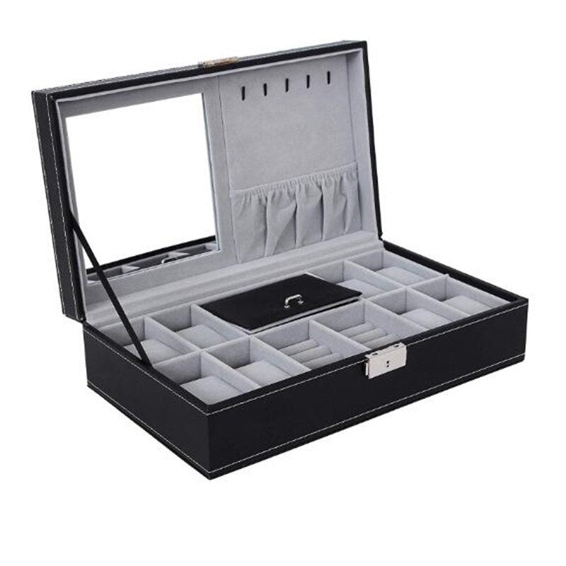 6/6 + 3/8 + 2 Gitter Aufbewahrung Uhrenbox 8/10/12 Gitter PU-Leder Uhrenhalter Organizer für Quarzuhr Schmuckschatullen Display Geschenk