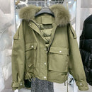 Janveny, chaqueta de plumón de piel auténtica de zorro para mujer, abrigo de plumón de pato blanco 90% holgado corto 2021, prendas de vestir de nieve acolchadas con bolsillos grandes para mujer