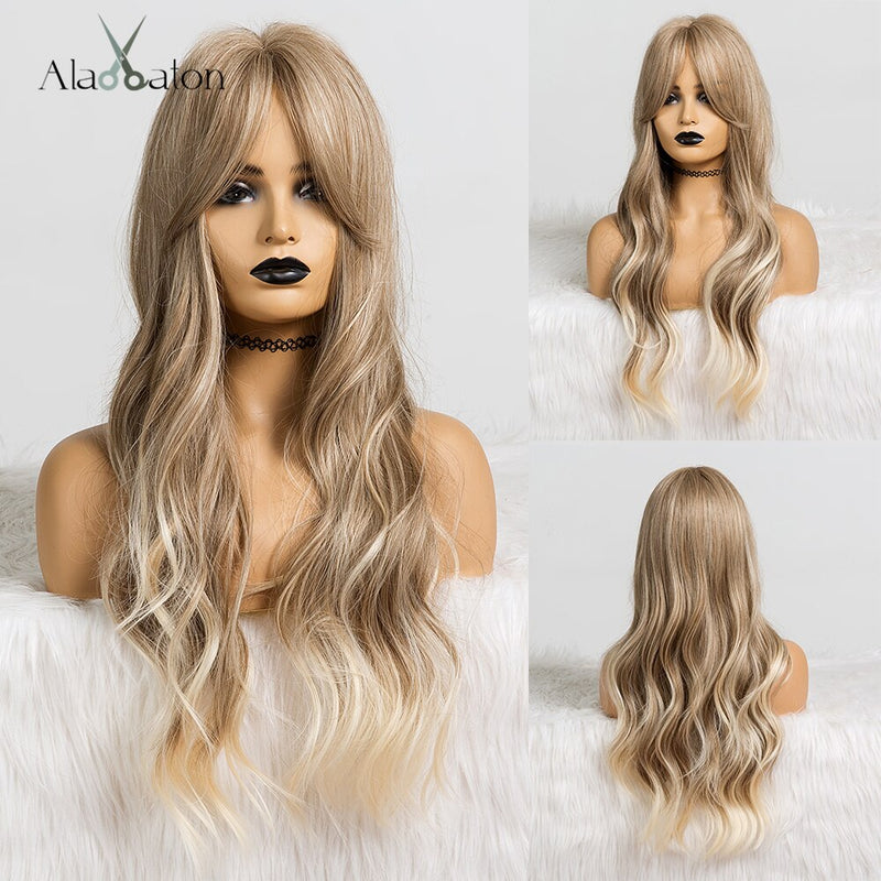 ALAN EATON Long Ombre Black Brown Blonde Wigs with Bangs Heat Resistant Synthetic Wave Wigs for Women African American Cosplay