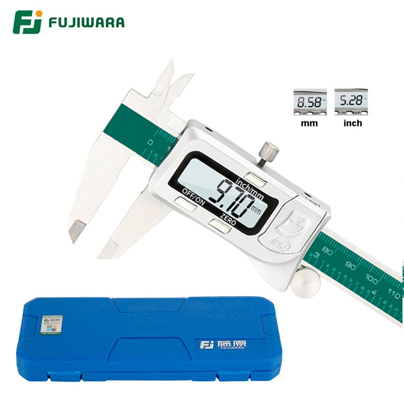 Calibradores de acero inoxidable con pantalla Digital FUJIWARA, 0-150mm, 1/64 fracción/MM/pulgadas, calibrador Vernier electrónico LCD, resistente al agua IP54