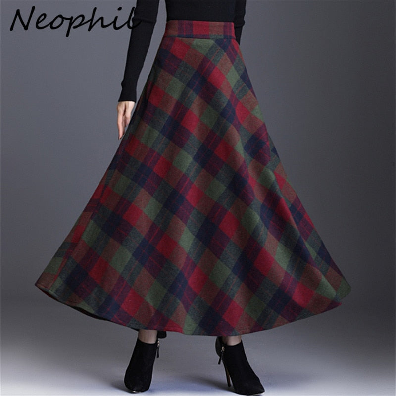 Neophil Woolen Warm S-3XL faldas gruesas a cuadros 2022 invierno mujer Inglaterra estilo bolsillos Midi plisado A-Line falda de tartán de lana S9216