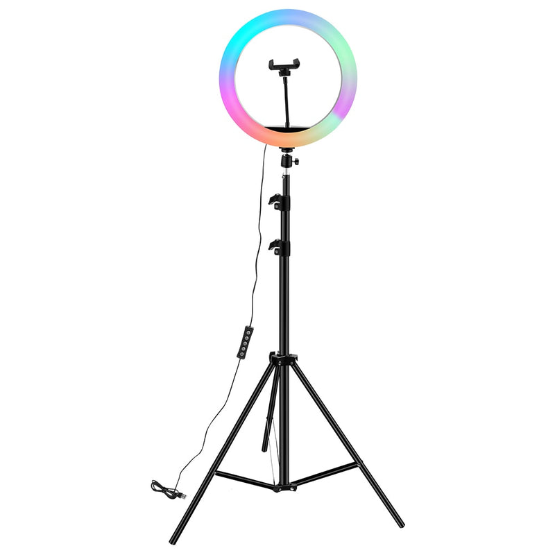 Anillo de luz RGB02 de 10 pulgadas, 26cm, 33cm, 20cm, luz LED arcoíris con soporte para trípode, juego RGB regulable de 1,6 M para vídeo corto, YouTube en vivo