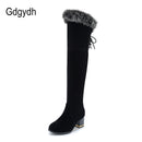 Gdgydh Naturpelz Winterstiefel Frauen Kniehohe Lange Stiefel Quadratische Ferse Winterschuhe Frau Wasserdichte Gummisohle Plus Größe 46