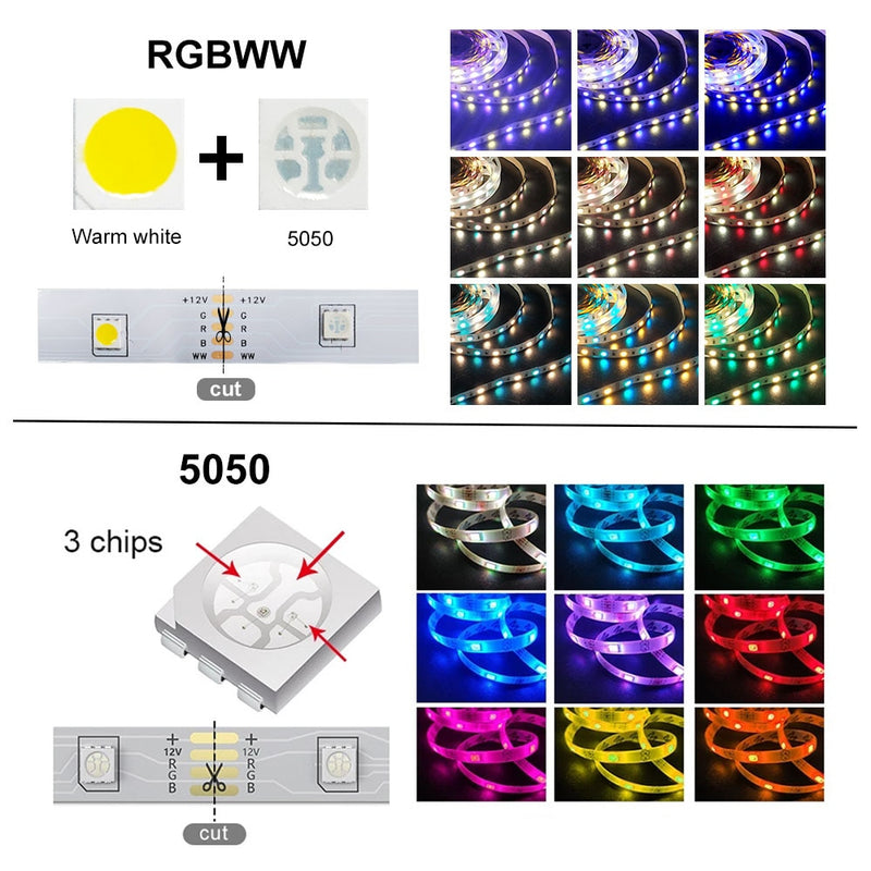 5M-30M LED-Streifenlicht Bluetooth RGBWW SMD 5050 LED-Leuchten DC12V RGB-LED-Banddiodenband Flexible APP-Telefonsteuerung + Adapter