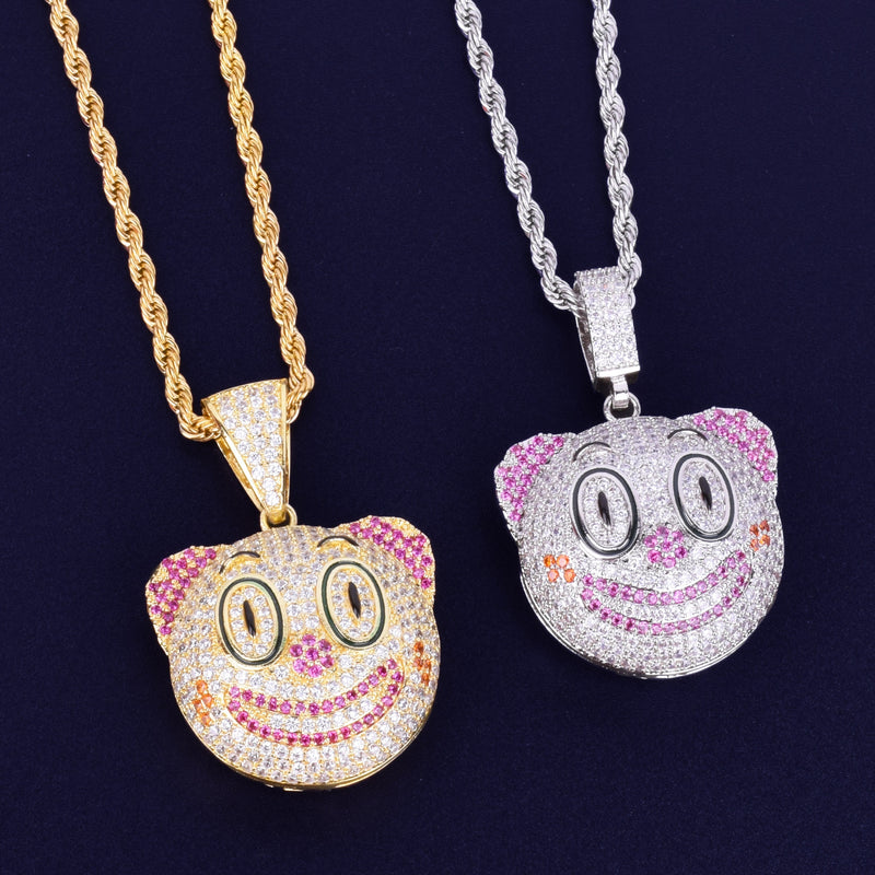 Clown Round Face Pendant Necklace Gold Color Charm Cubic Zircon Men&