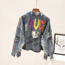 2022 Spring Autumn New Women Street Fashion Graffiti Denim Jacket Female Personality Short Raw Cut Rivet Jacket Fringe Jean Coat