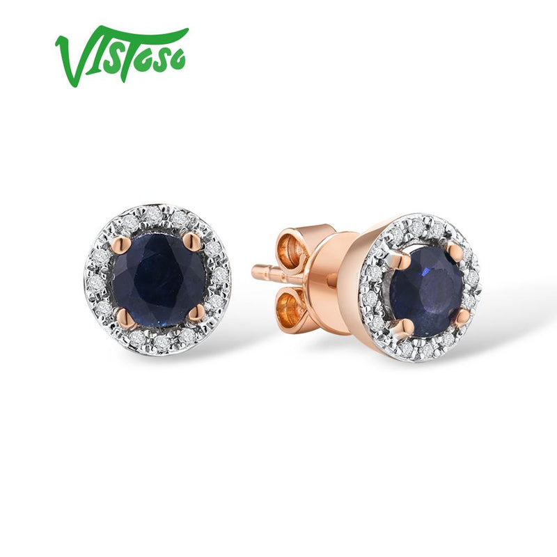 VISTOSO Gold Earrings For Women Genuine 14K 585 Yellow Rose Gold Round 4mm Emerald Blue Sapphire Ruby Stud Earrings Fine Jewelry